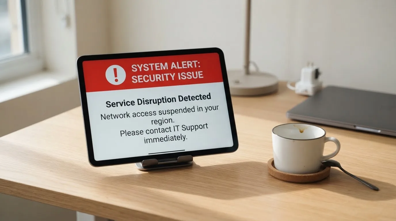 A tablet screen displaying an official regulator warning notice on a desk beside a coffee cup.