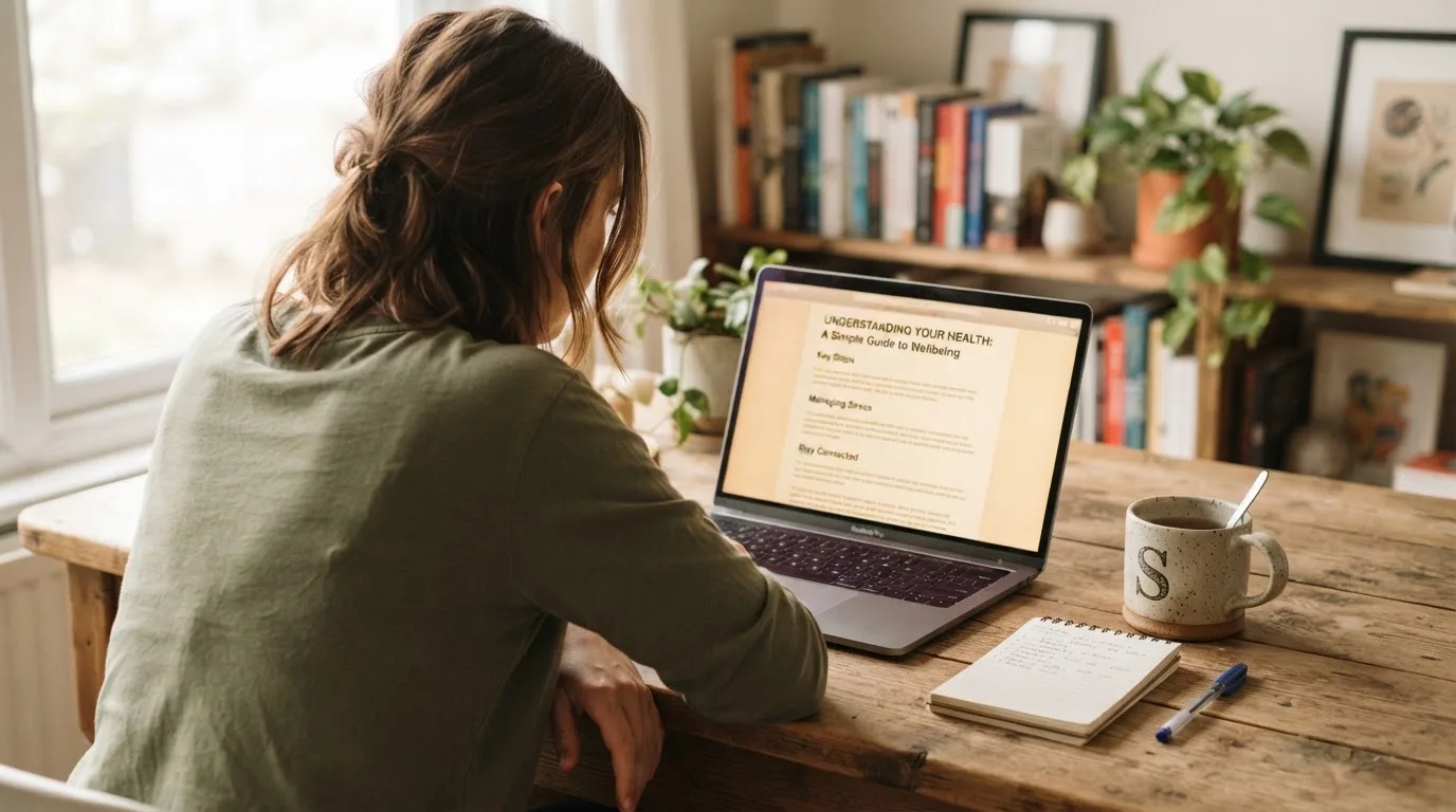 A person at a laptop reading a plain-language explainer article at a home desk.
