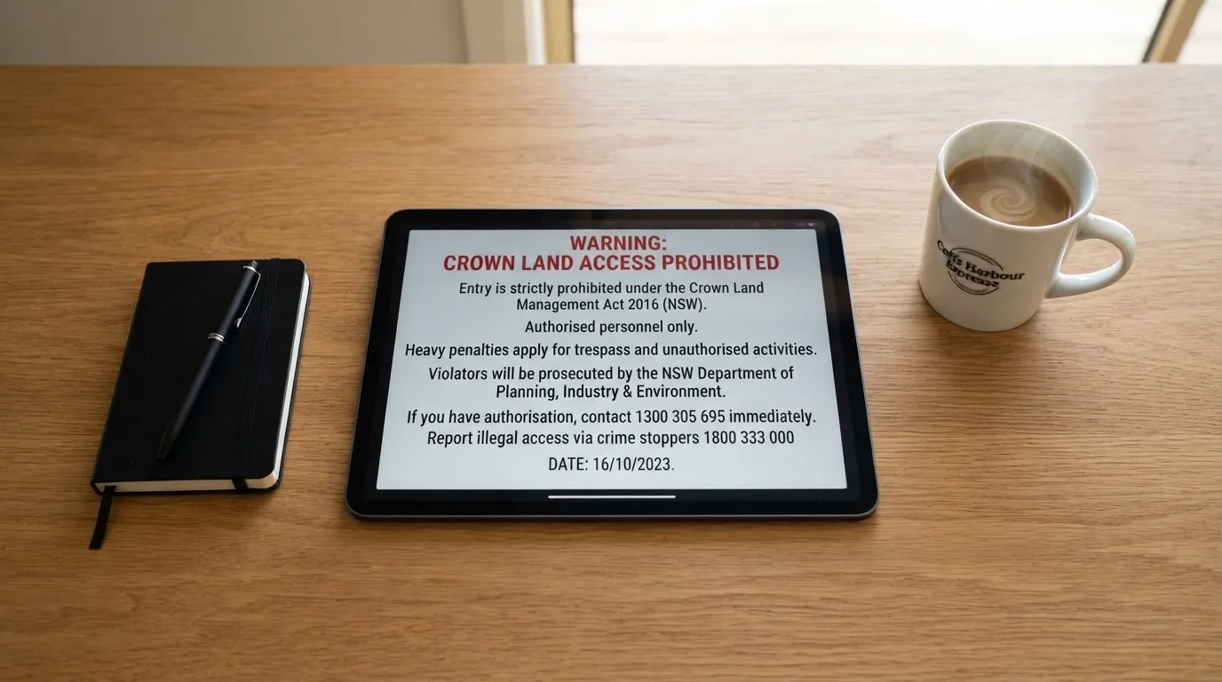 A tablet screen displaying an official regulator warning notice on a desk beside a coffee cup.