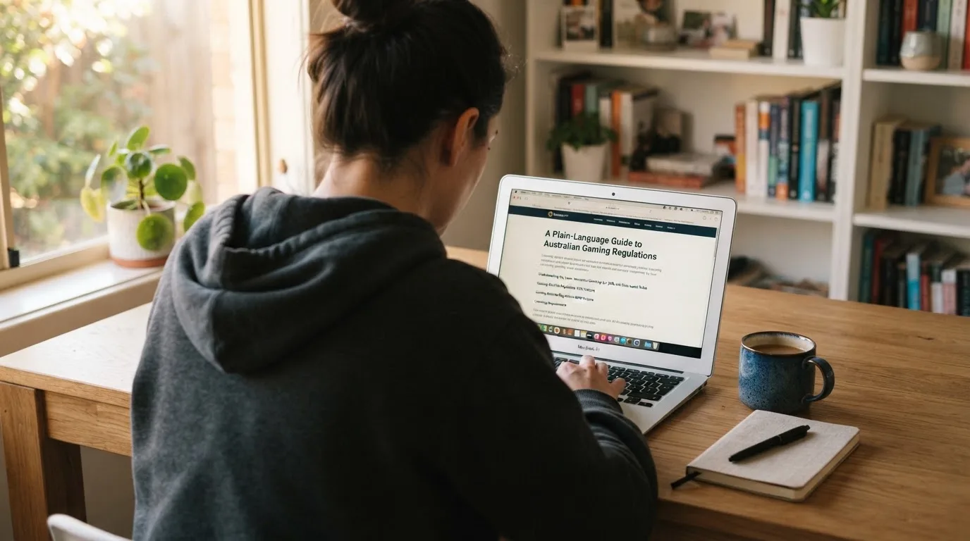 A person at a laptop reading a plain-language explainer article at a home desk.