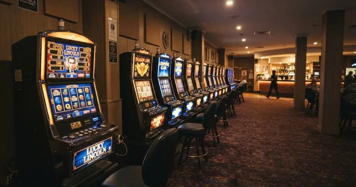 Gaming machines lined up inside a licensed club in central Canberra.