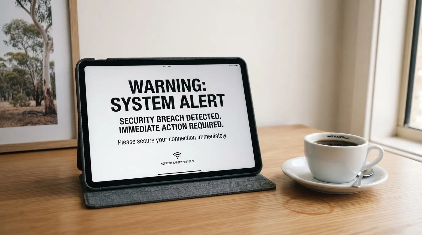 A tablet screen displaying an official regulator warning notice on a desk beside a coffee cup.