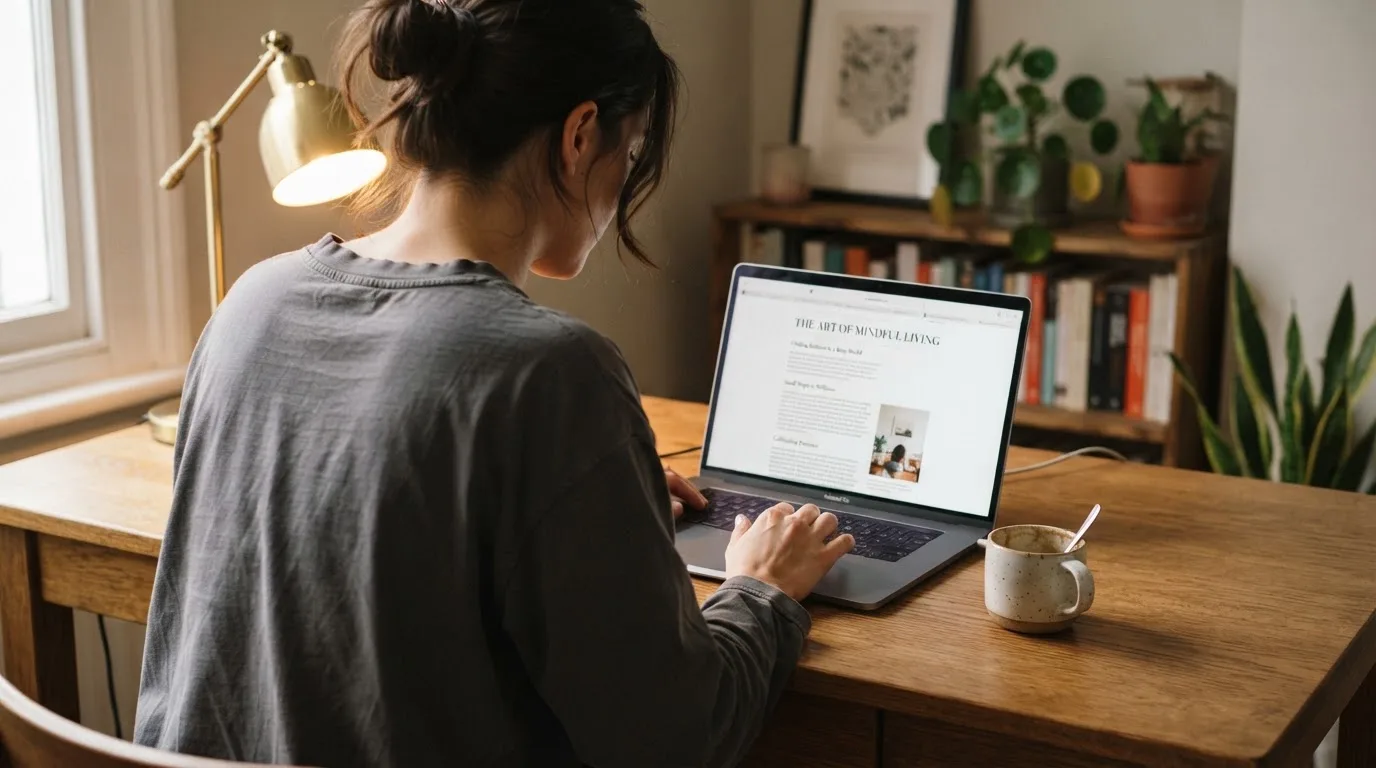 A person at a laptop reading a plain-language explainer article at a home desk.