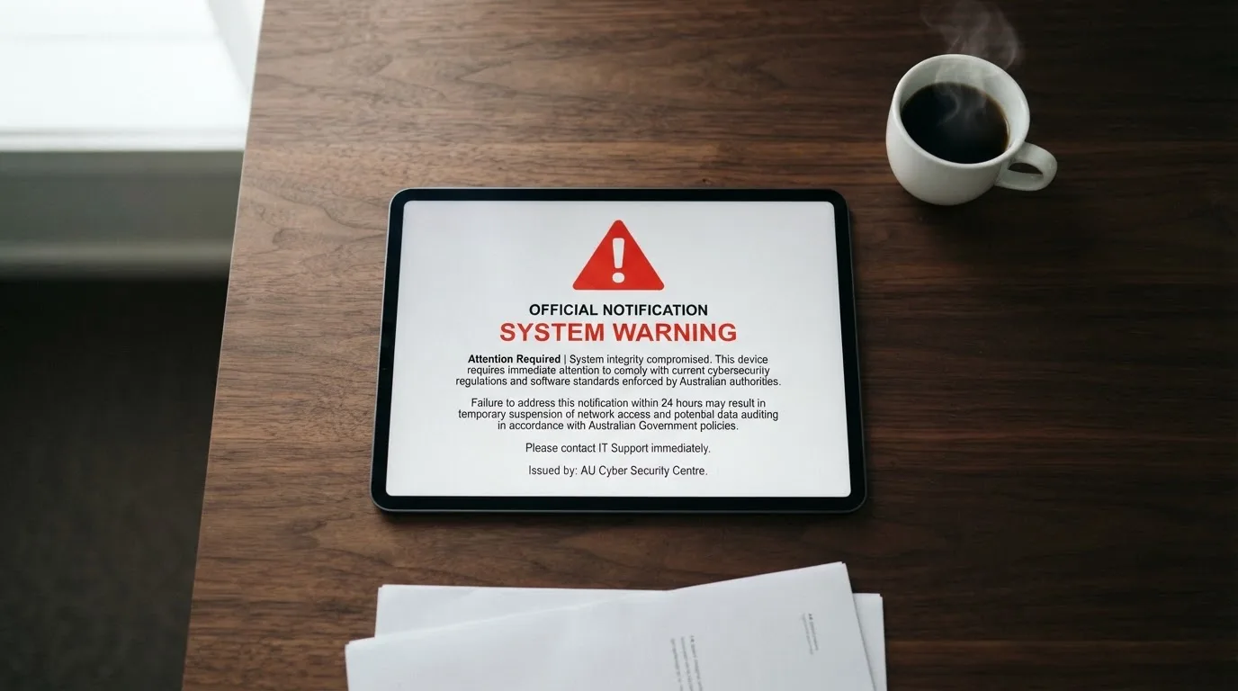A tablet screen displaying an official regulator warning notice on a desk beside a coffee cup.