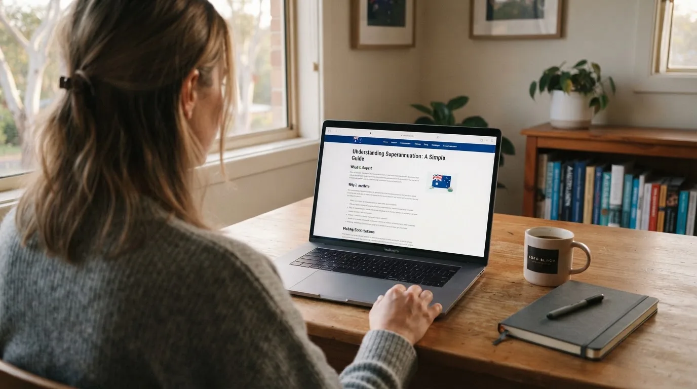 A person at a laptop reading a plain-language explainer article at a home desk.