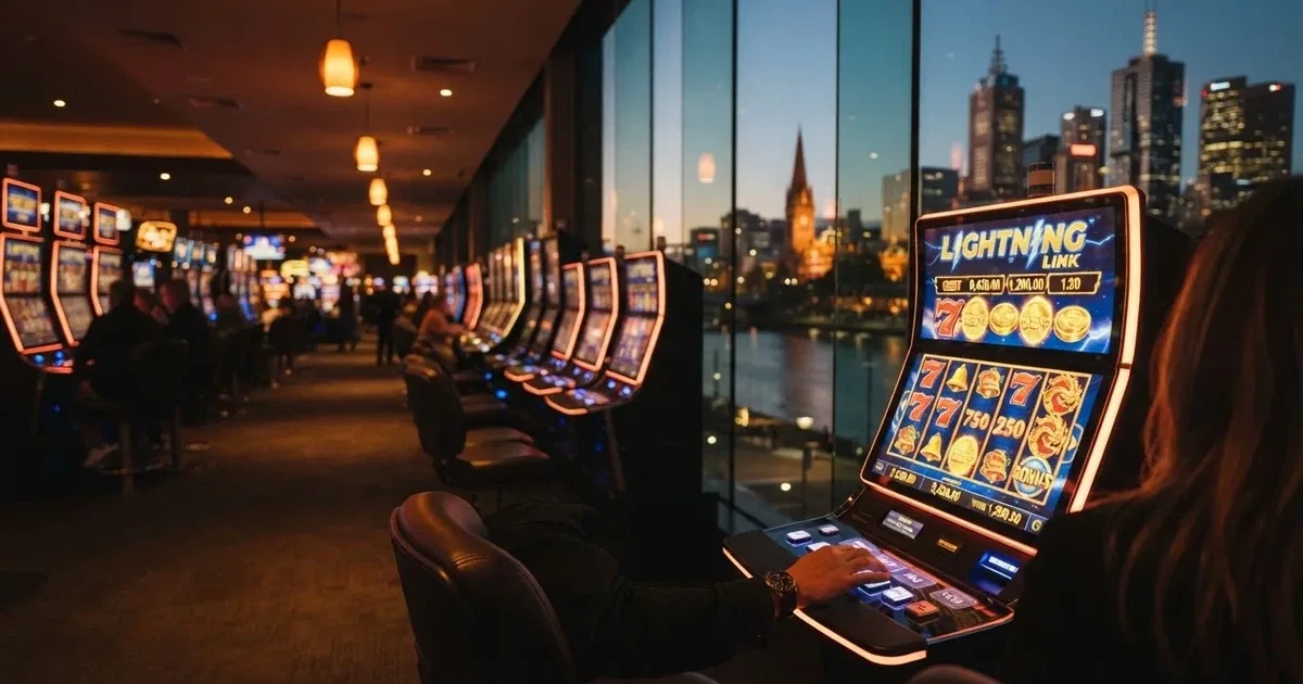 A gaming floor with rows of electronic machines beside the Yarra River in Melbourne.