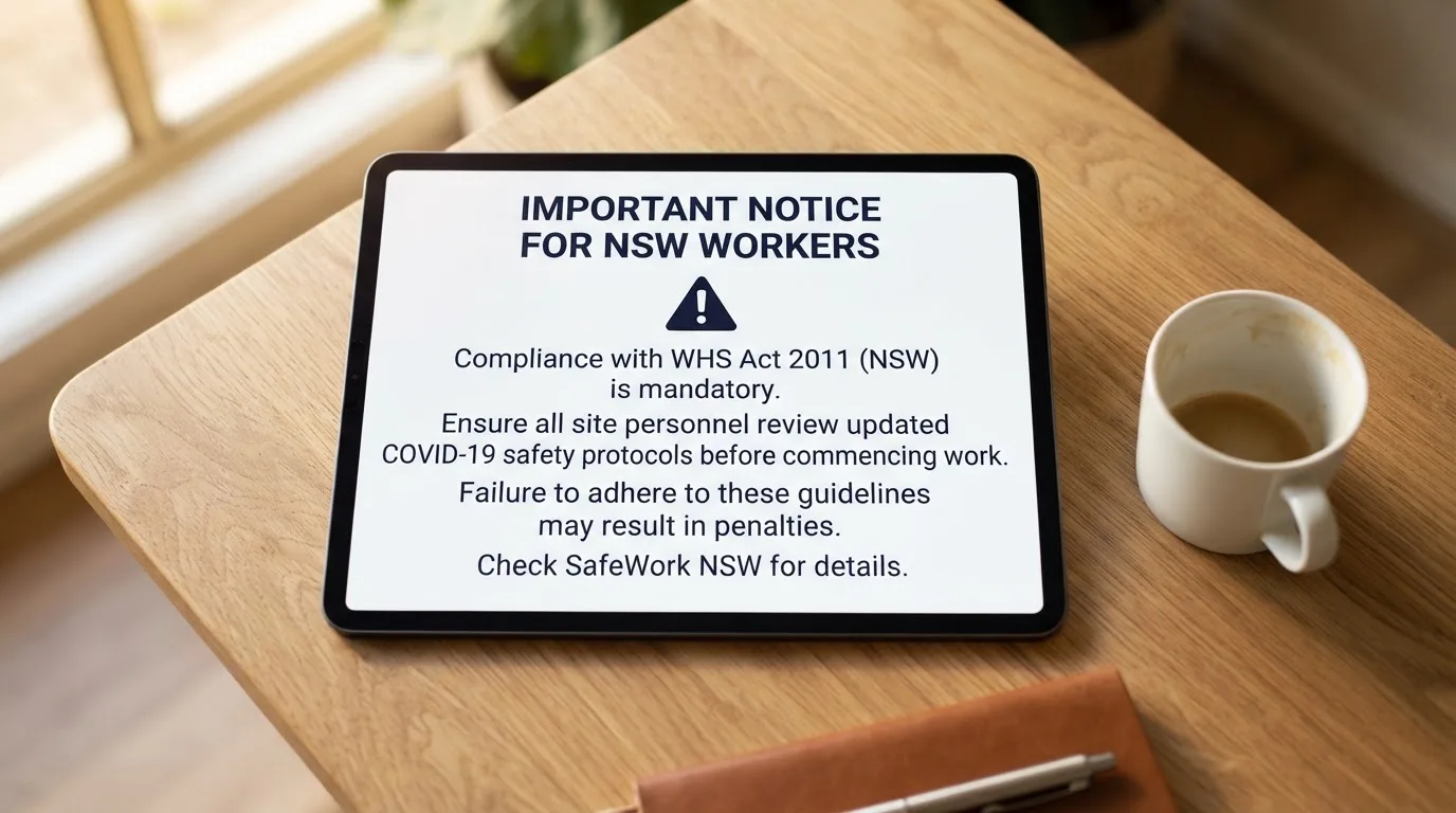 A tablet screen displaying an official regulator warning notice on a desk beside a coffee cup.