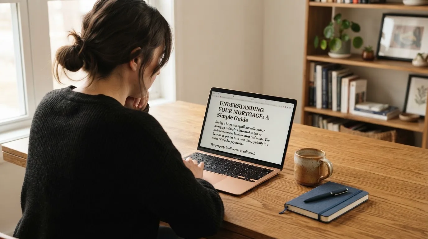 A person at a laptop reading a plain-language explainer article at a home desk.