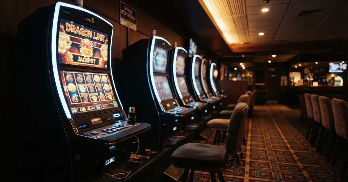 A row of gaming machines inside a suburban registered club in regional New South Wales.