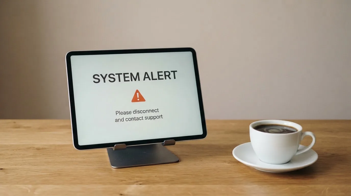 A tablet screen displaying an official regulator warning notice on a desk beside a coffee cup.