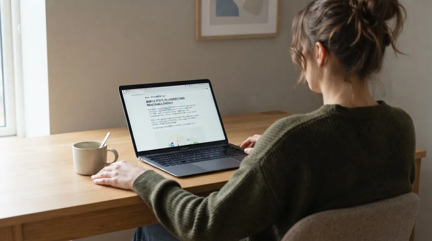 A person at a laptop reading a plain-language explainer article at a home desk.