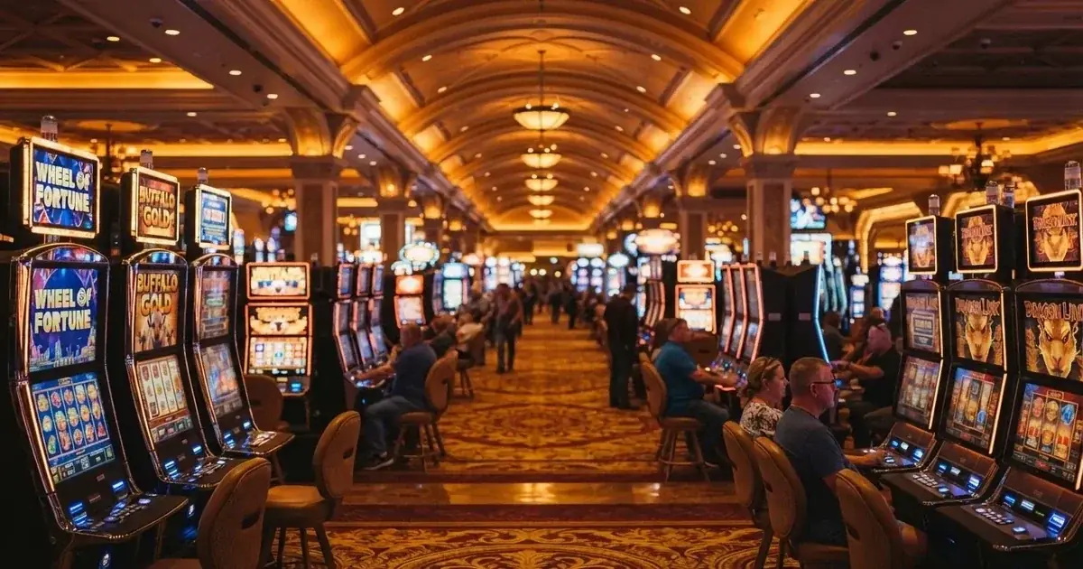 A casino resort gaming floor with rows of electronic machines in Perth.