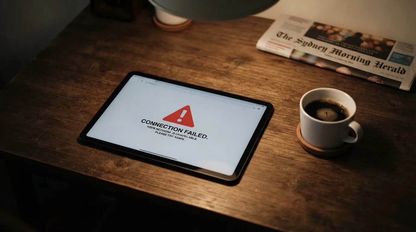 A tablet screen displaying an official regulator warning notice on a desk beside a coffee cup.