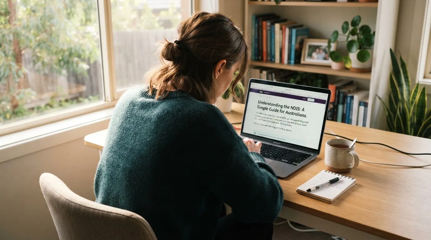 A person at a laptop reading a plain-language explainer article at a home desk.