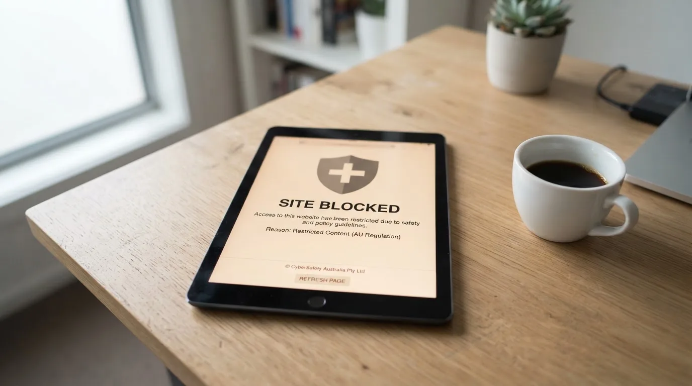 A tablet screen displaying an official regulator warning notice on a desk beside a coffee cup.