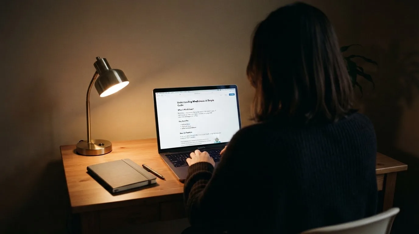 A person at a laptop reading a plain-language explainer article at a home desk.
