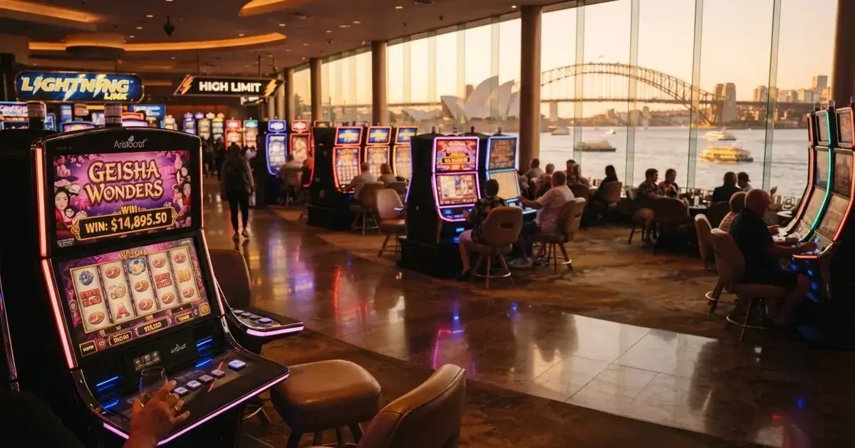 A casino gaming floor overlooking the harbour precinct in Sydney.