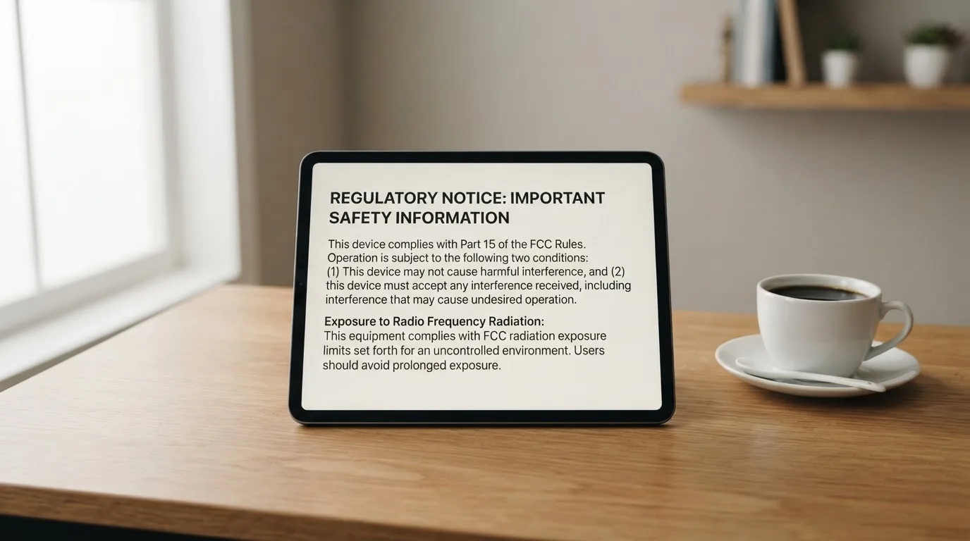 A tablet screen displaying an official regulator warning notice on a desk beside a coffee cup.