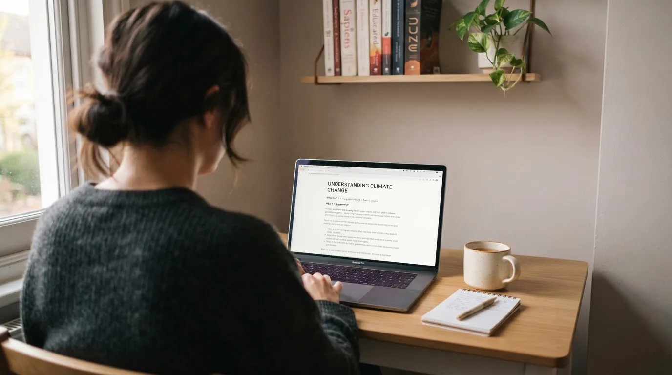 A person at a laptop reading a plain-language explainer article at a home desk.