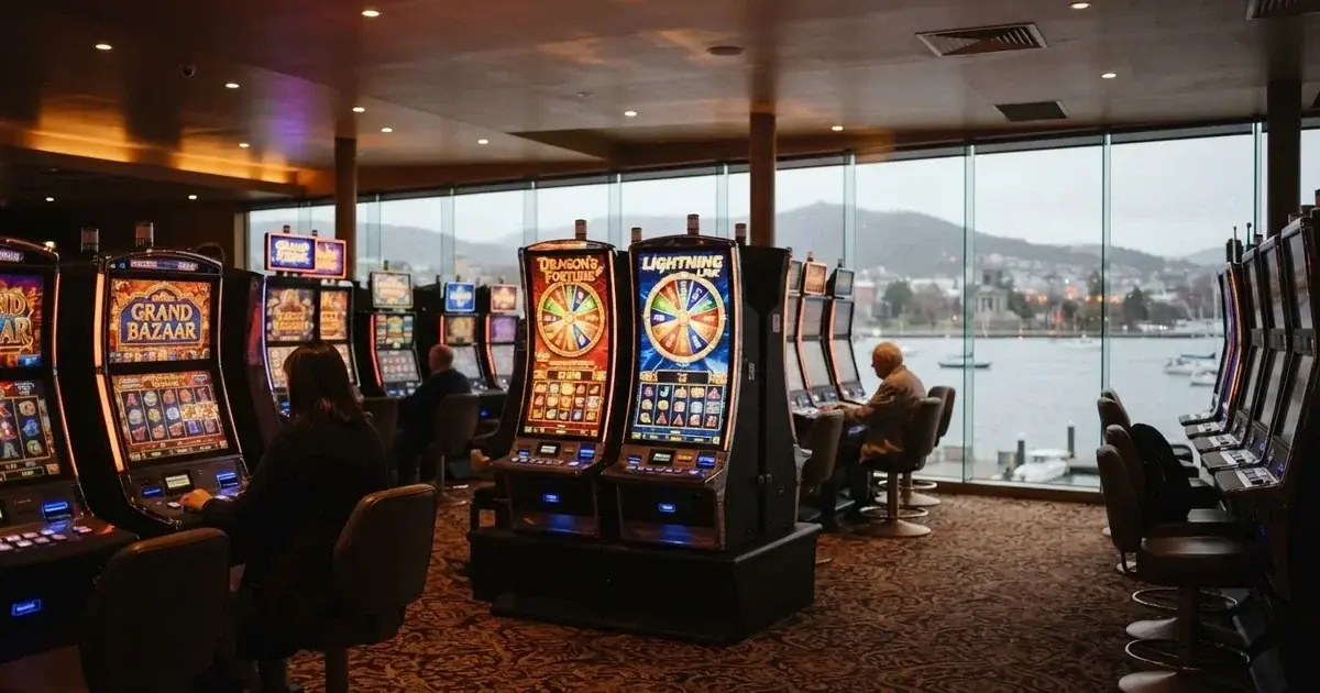 A quiet casino gaming floor inside a waterfront resort in Hobart.