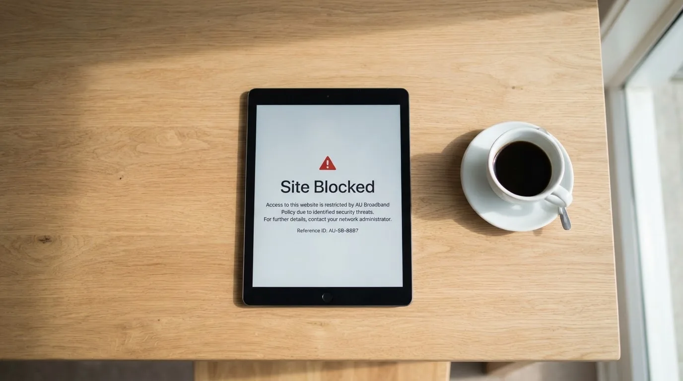 A tablet screen displaying an official regulator warning notice on a desk beside a coffee cup.