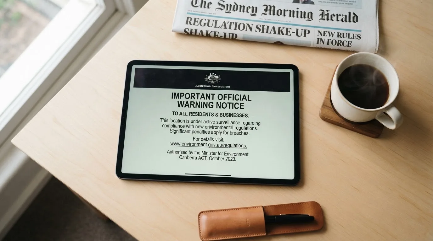 A tablet screen displaying an official regulator warning notice on a desk beside a coffee cup.