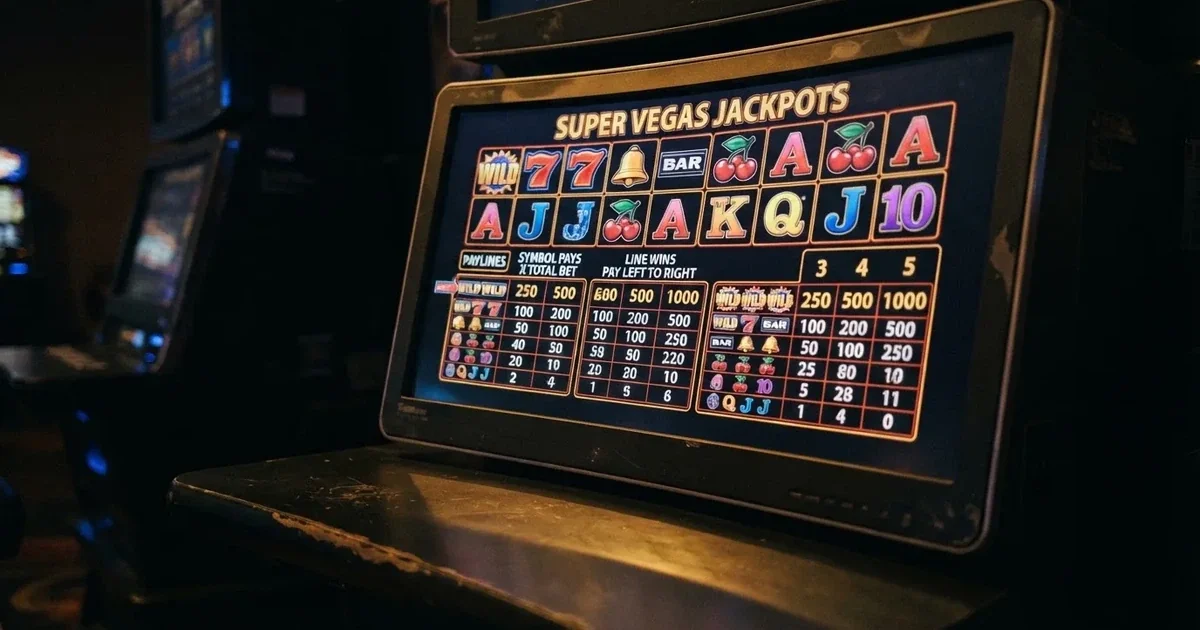 A slot machine's paytable screen glowing on a monitor in a dim room.