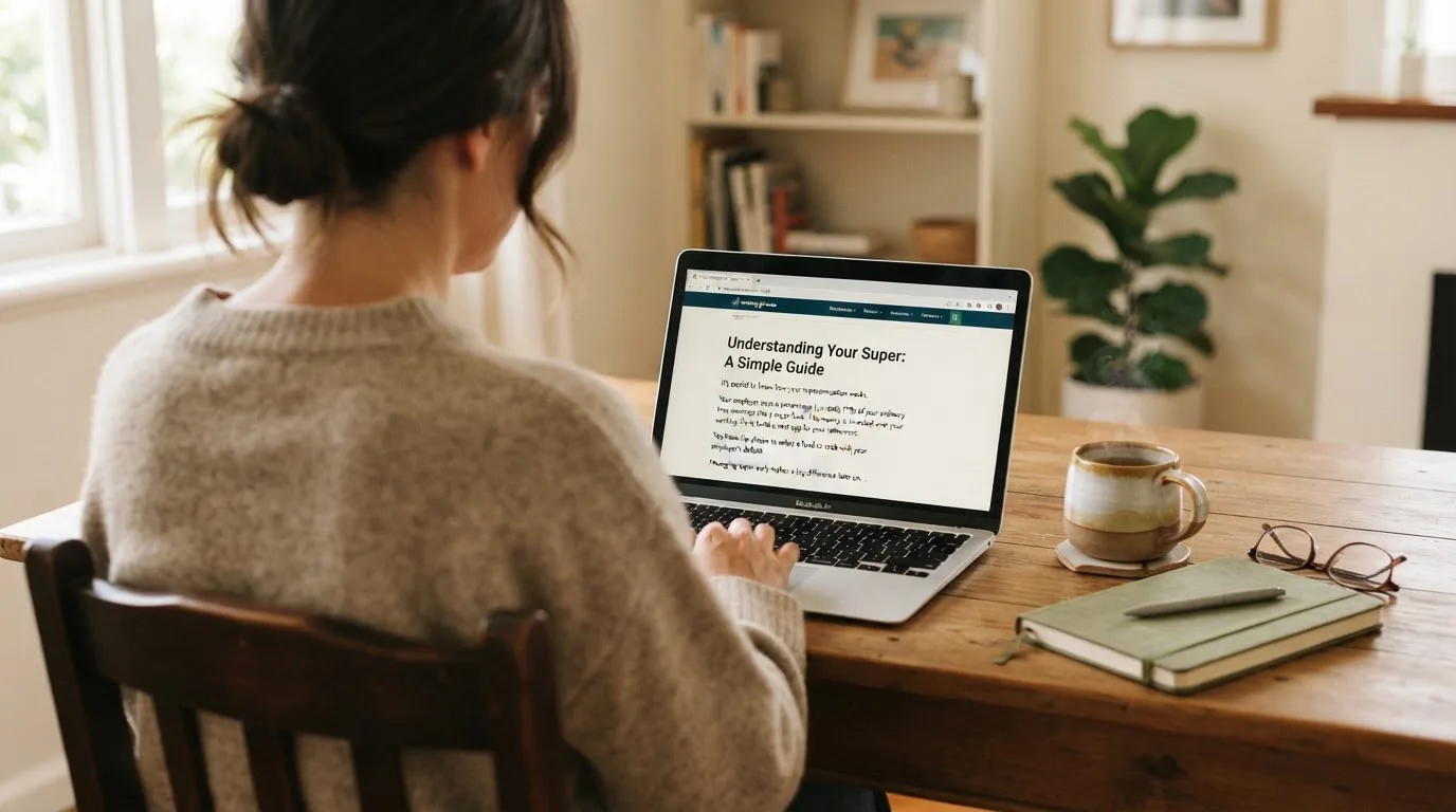 A person at a laptop reading a plain-language explainer article at a home desk.
