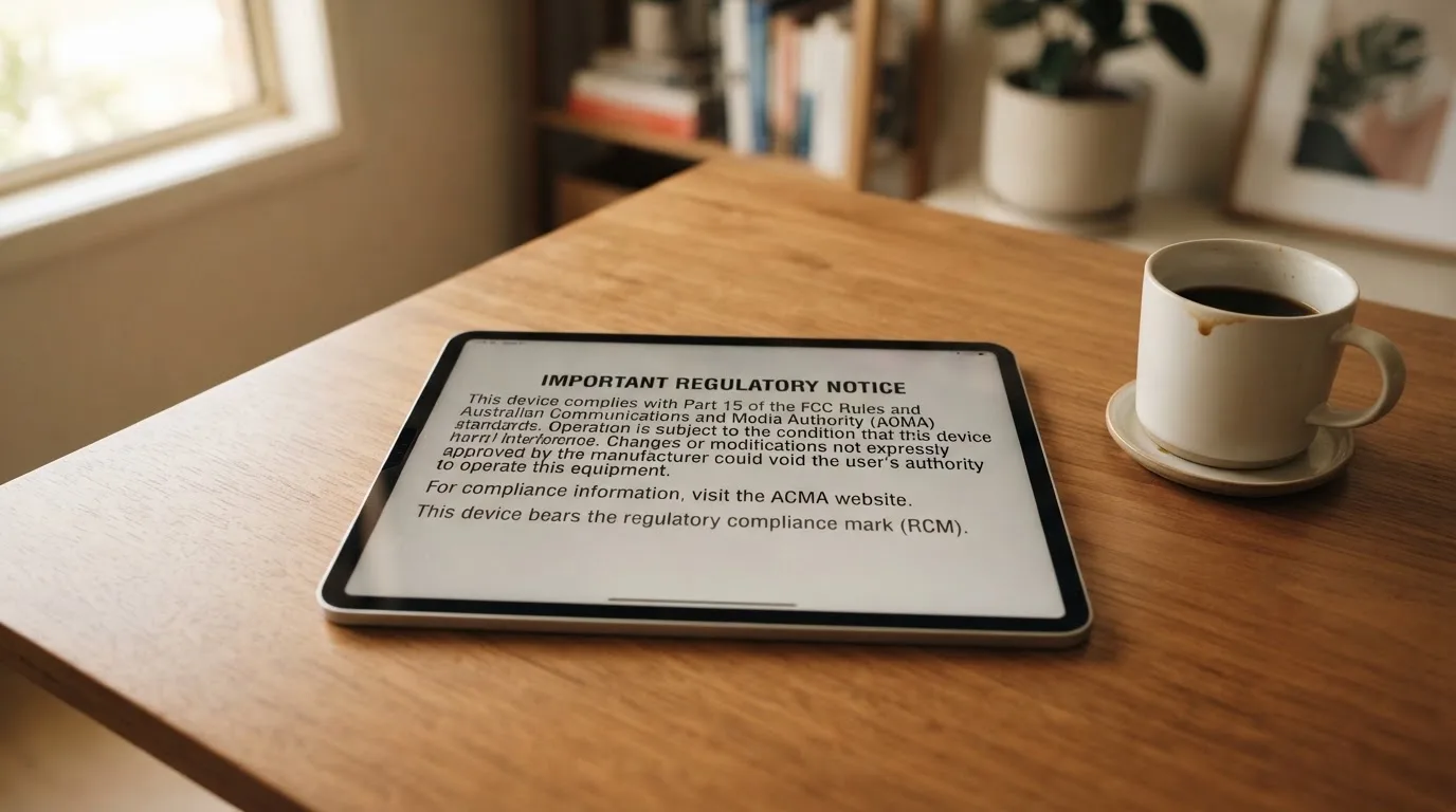 A tablet screen displaying an official regulator warning notice on a desk beside a coffee cup.