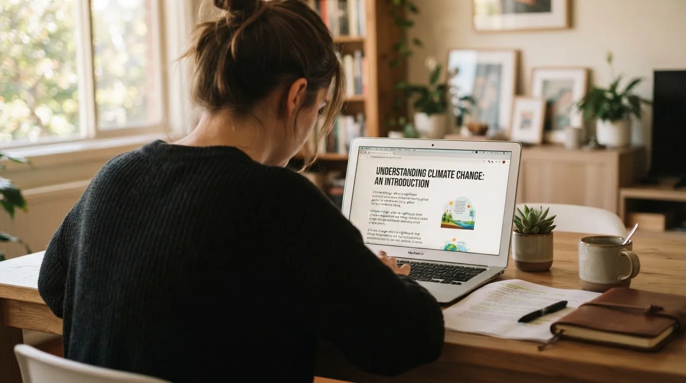 A person at a laptop reading a plain-language explainer article at a home desk.