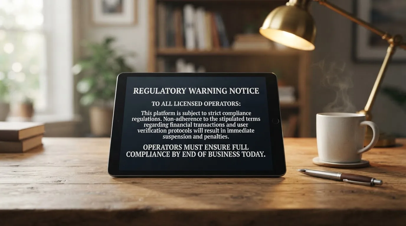 A tablet screen displaying an official regulator warning notice on a desk beside a coffee cup.