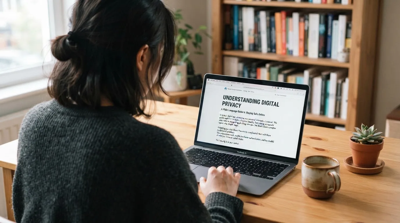 A person at a laptop reading a plain-language explainer article at a home desk.