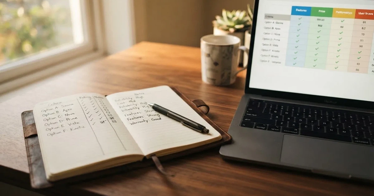 A notepad with a handwritten shortlist beside a laptop showing a comparison table.