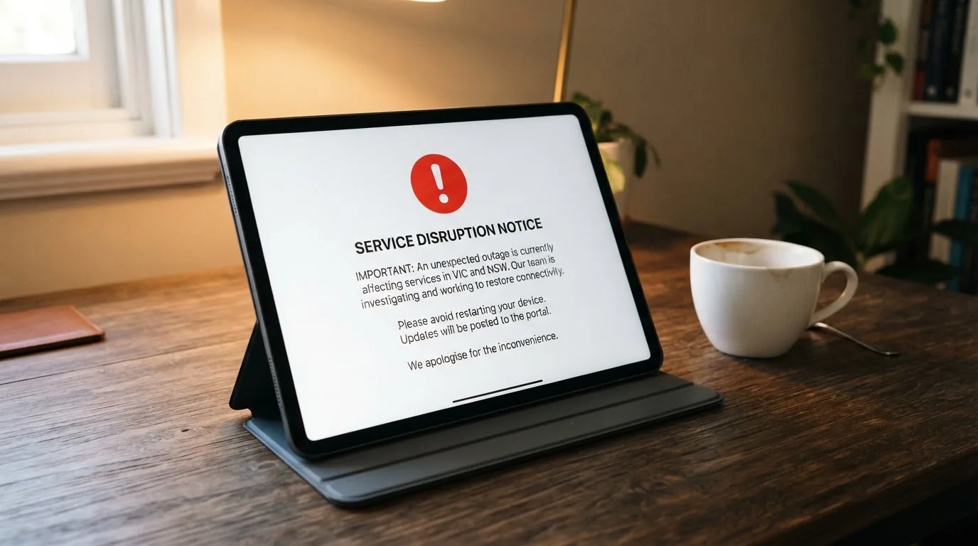 A tablet screen displaying an official regulator warning notice on a desk beside a coffee cup.
