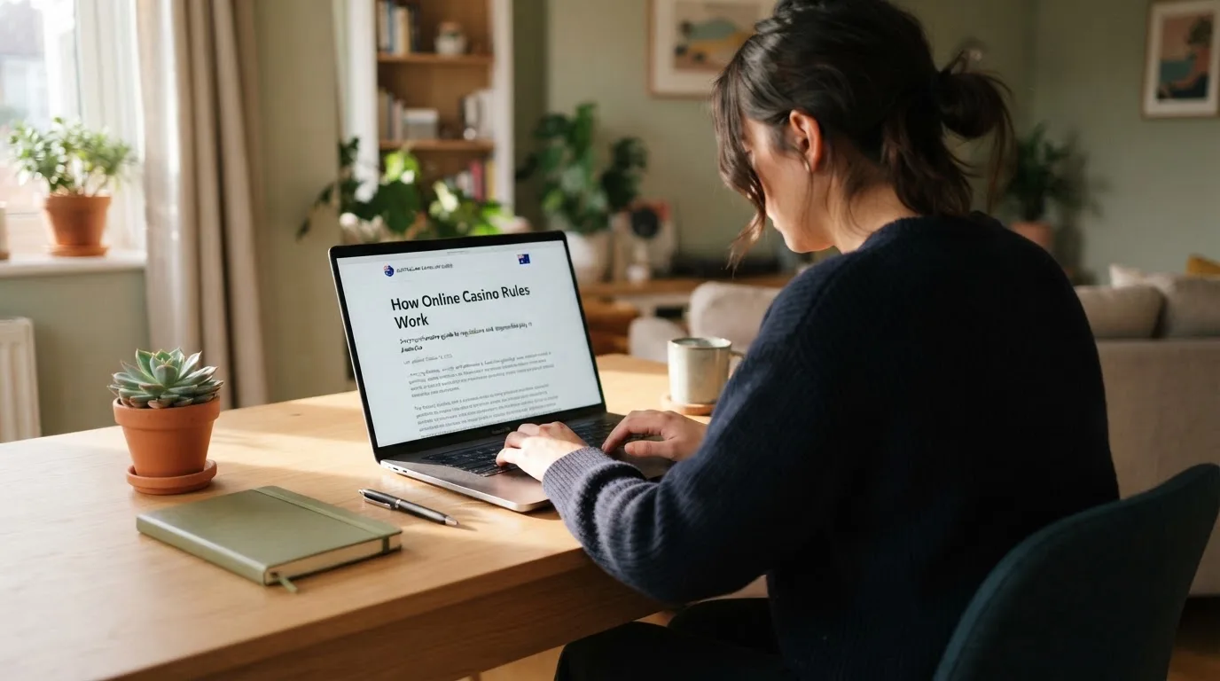A person at a laptop reading a plain-language explainer article at a home desk.