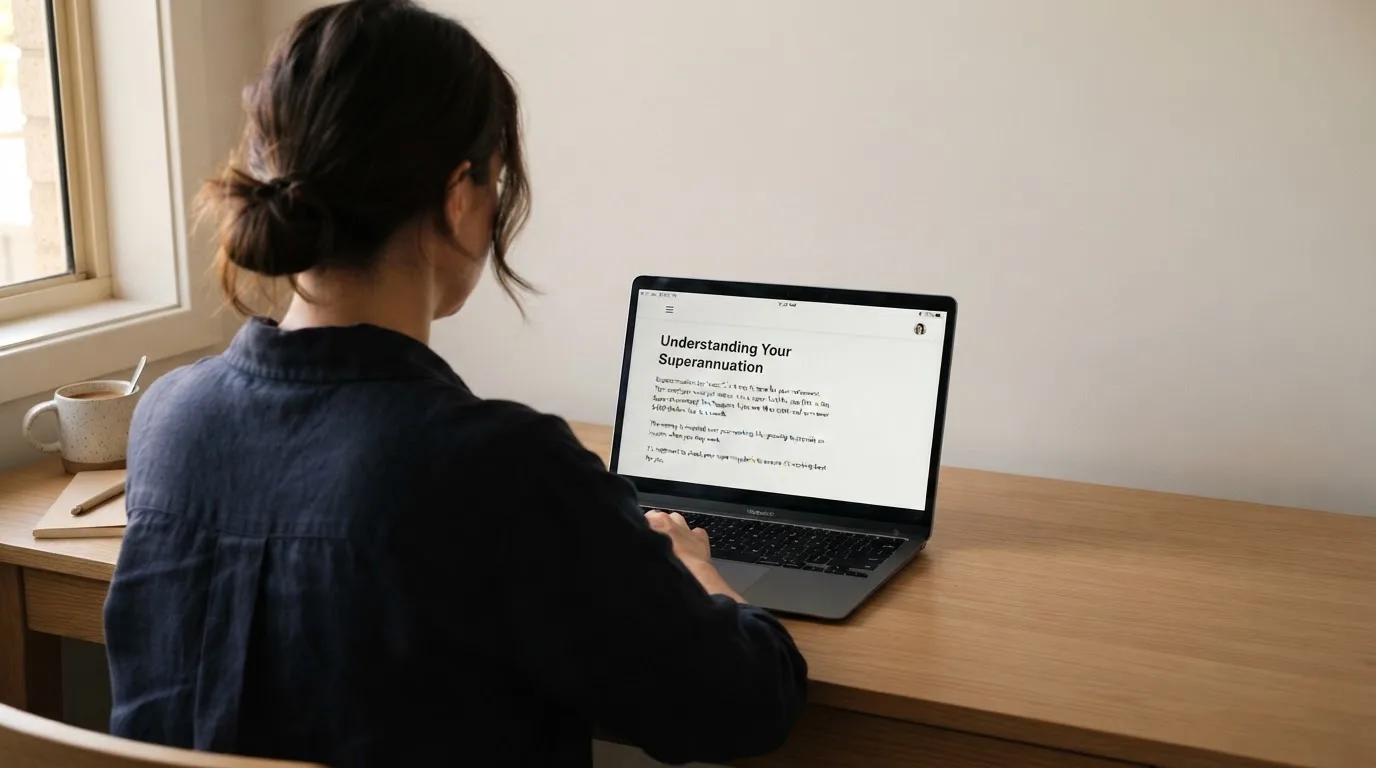 A person at a laptop reading a plain-language explainer article at a home desk.
