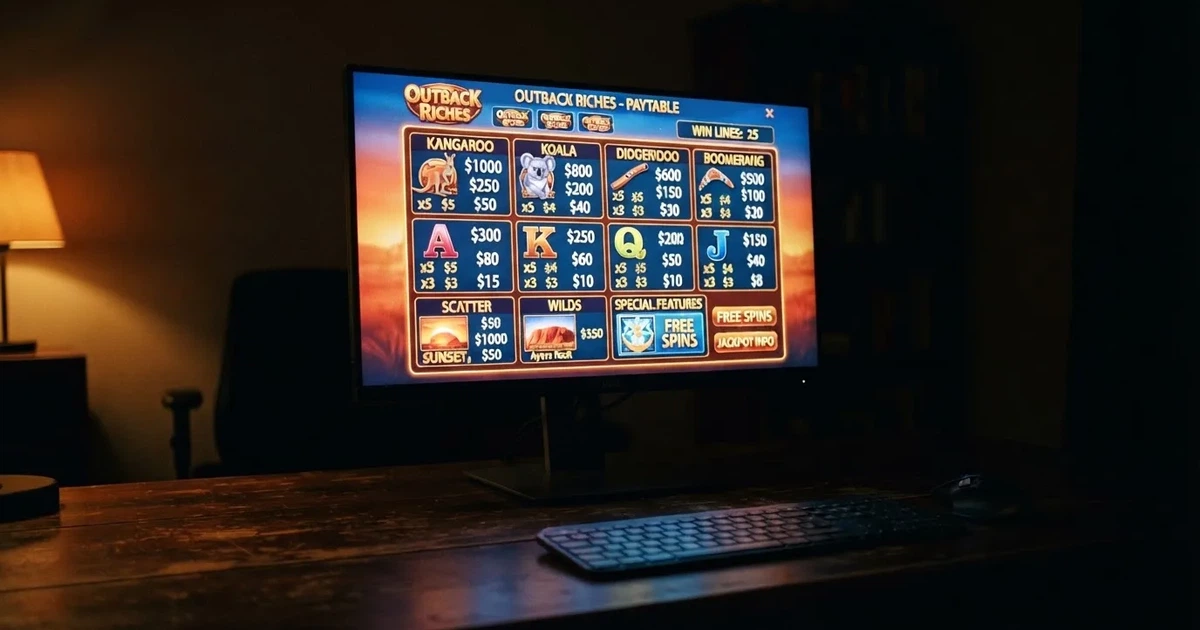 A slot machine's paytable screen glowing on a monitor in a dim room.