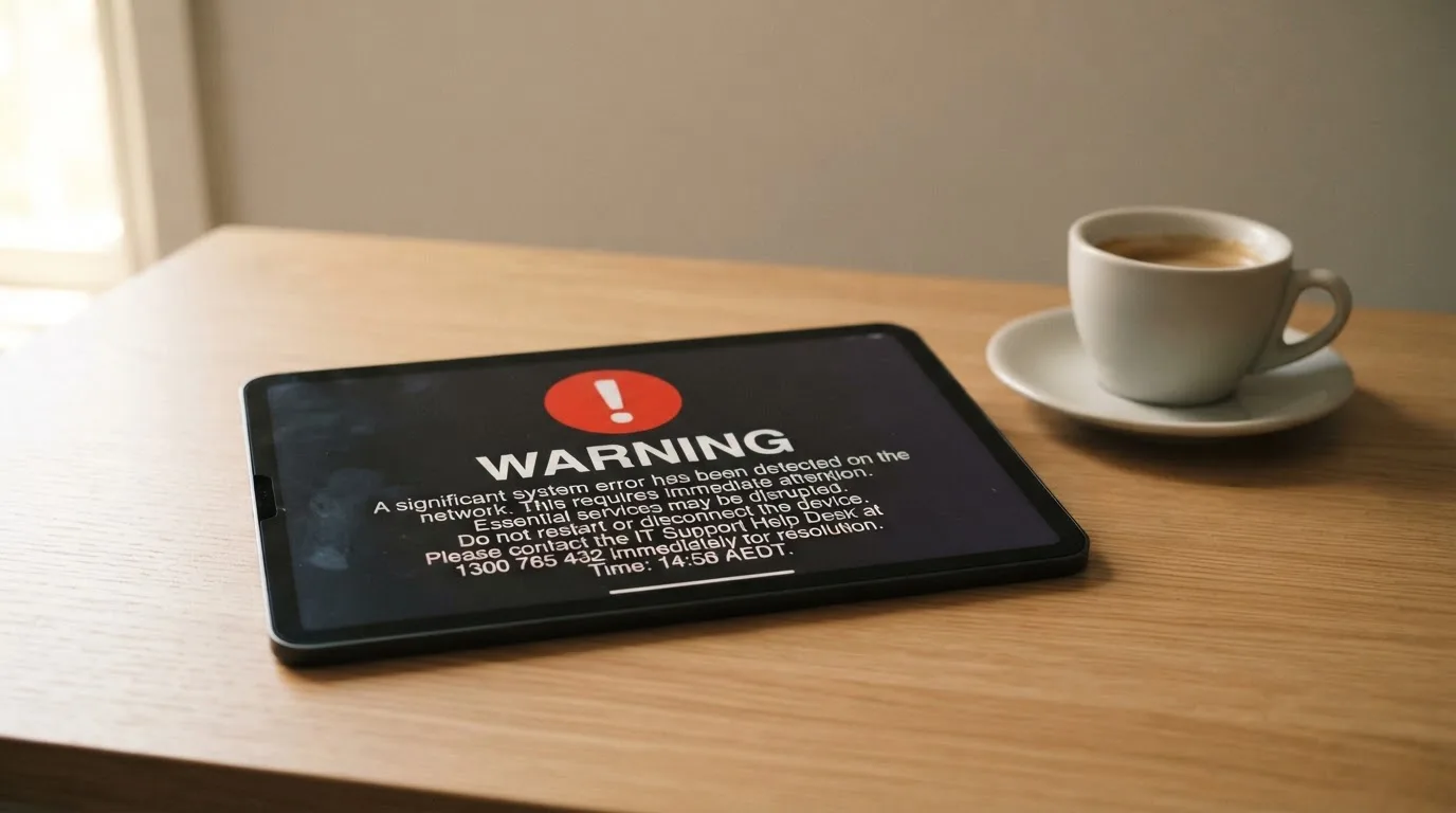A tablet screen displaying an official regulator warning notice on a desk beside a coffee cup.