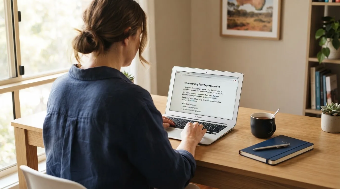 A person at a laptop reading a plain-language explainer article at a home desk.