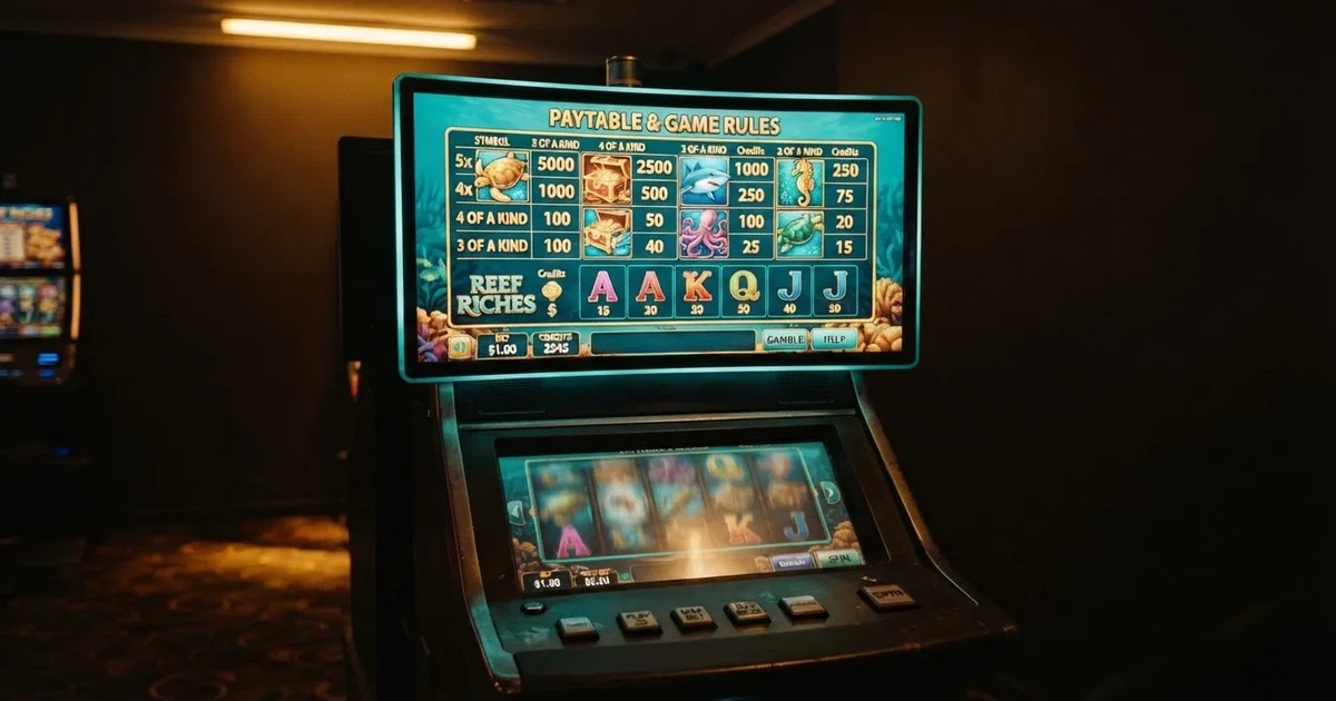 A slot machine's paytable screen glowing on a monitor in a dim room.