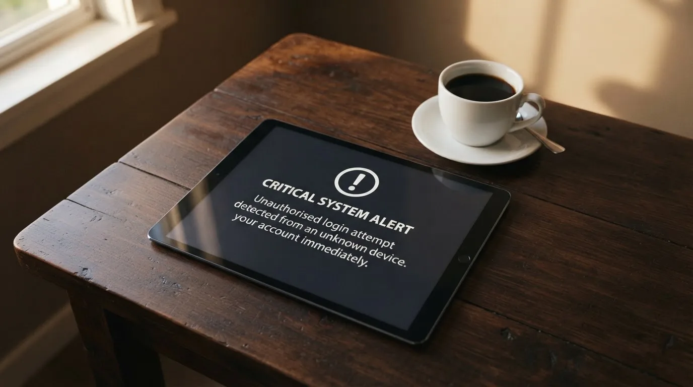 A tablet screen displaying an official regulator warning notice on a desk beside a coffee cup.