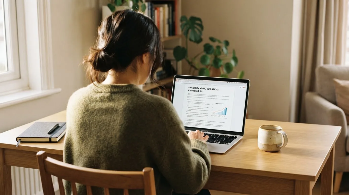 A person at a laptop reading a plain-language explainer article at a home desk.