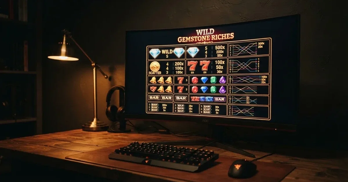 A slot machine's paytable screen glowing on a monitor in a dim room.