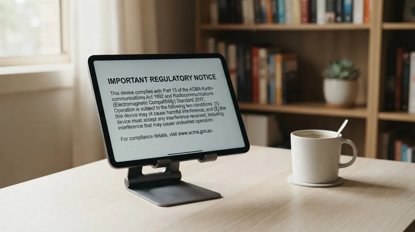 A tablet screen displaying an official regulator warning notice on a desk beside a coffee cup.