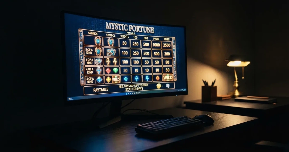 A slot machine's paytable screen glowing on a monitor in a dim room.