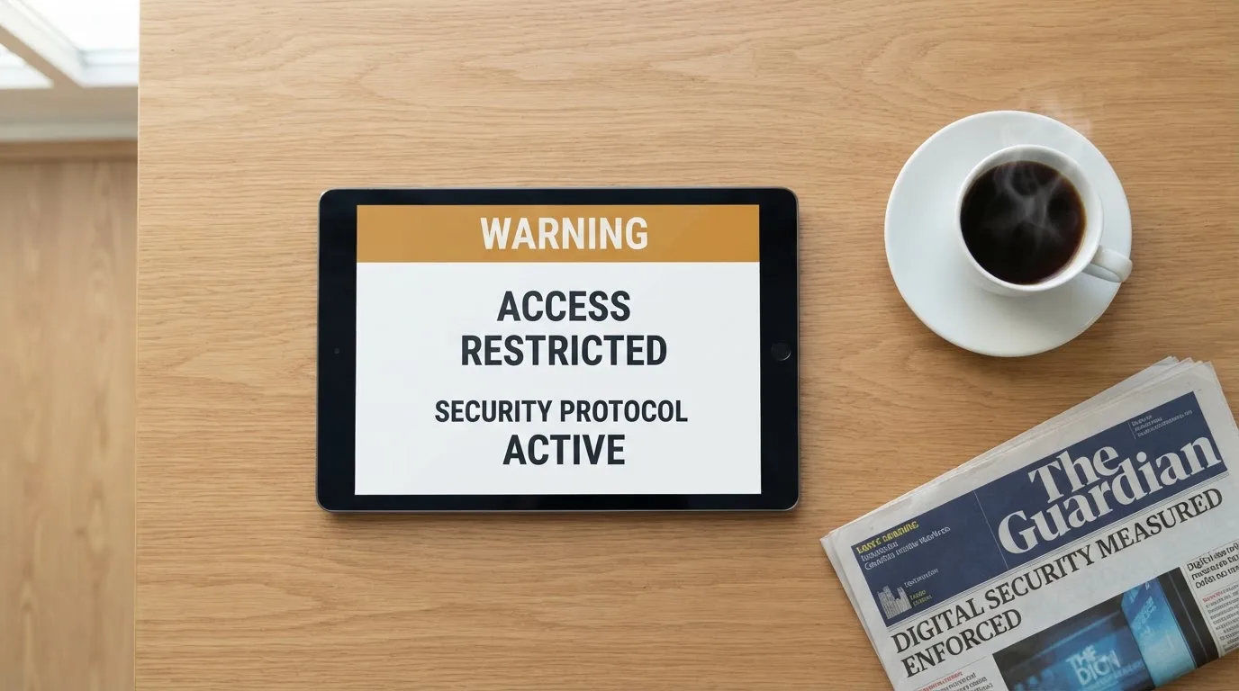 A tablet screen displaying an official regulator warning notice on a desk beside a coffee cup.
