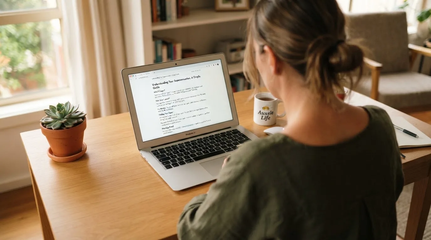 A person at a laptop reading a plain-language explainer article at a home desk.
