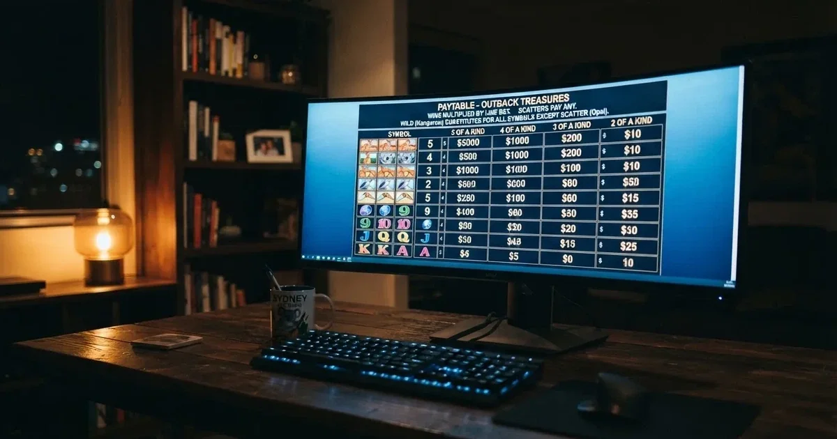 A slot machine's paytable screen glowing on a monitor in a dim room.