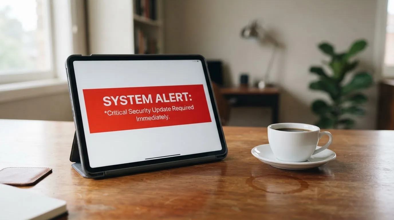 A tablet screen displaying an official regulator warning notice on a desk beside a coffee cup.