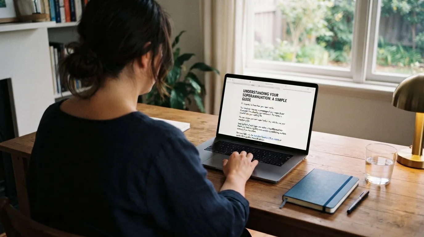A person at a laptop reading a plain-language explainer article at a home desk.